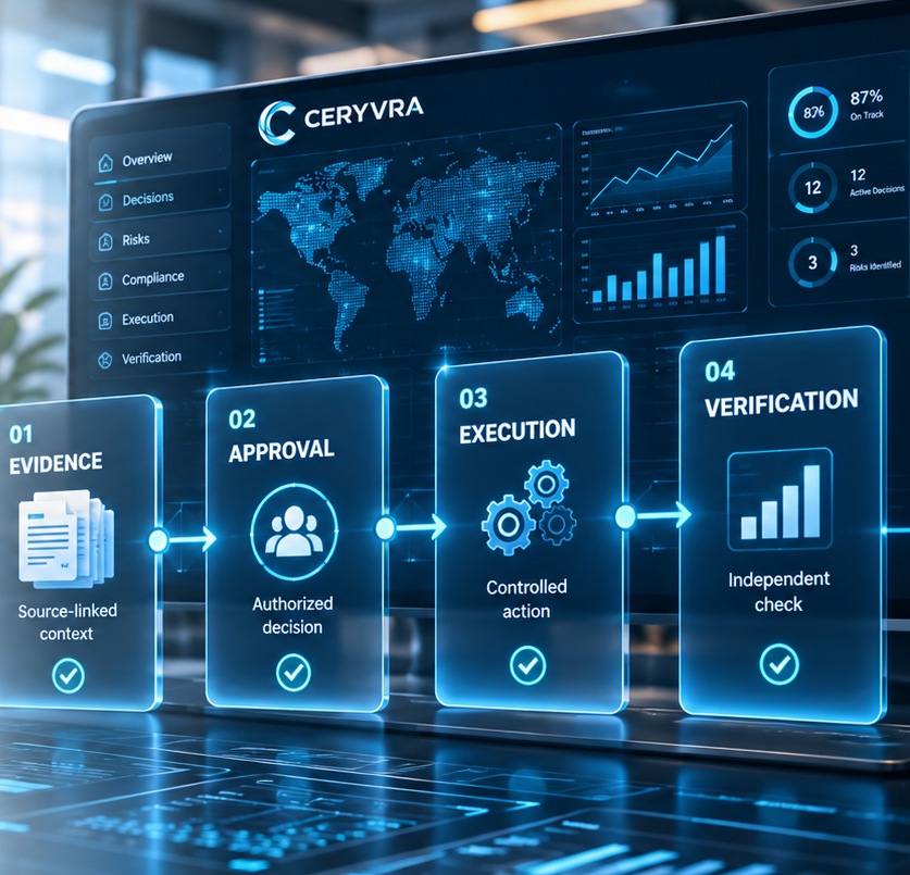 Ceryvra governance technology visualization with evidence, approval, execution and independent verification