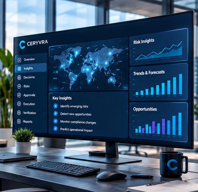 Enterprise intelligence workspace with connected insights, risk monitoring and forecast visualizations